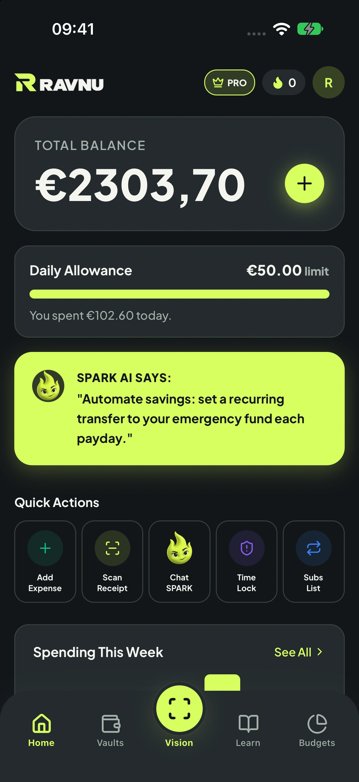 Painel real da Ravnu em tema escuro, com saldo dos registos, limite diário, SPARK e navegação da app
