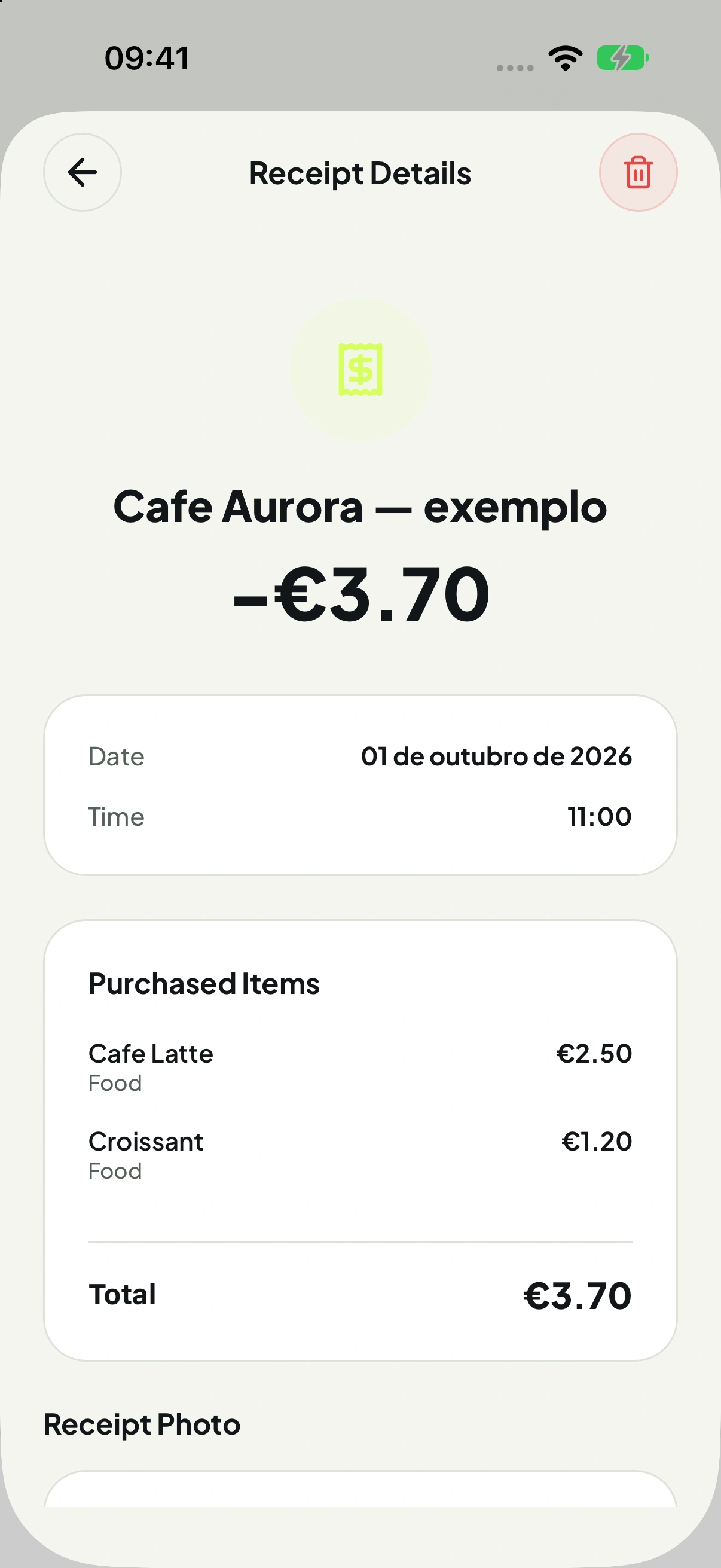 Detalhe real do movimento Cafe Aurora — exemplo, com café de 2,50 euros e croissant de 1,20 euros
