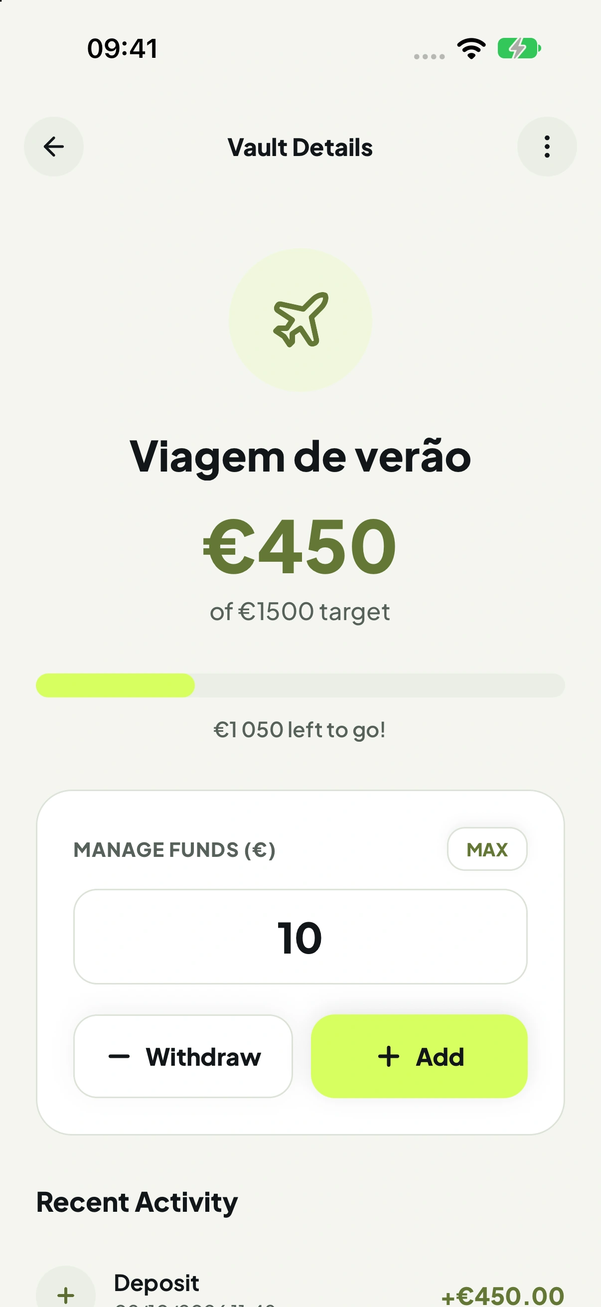 Cofre Viagem de verão na app: 450 euros registados para uma meta de 1500 euros